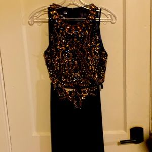Blue and gold 2-piece jewel encrusted prom dress